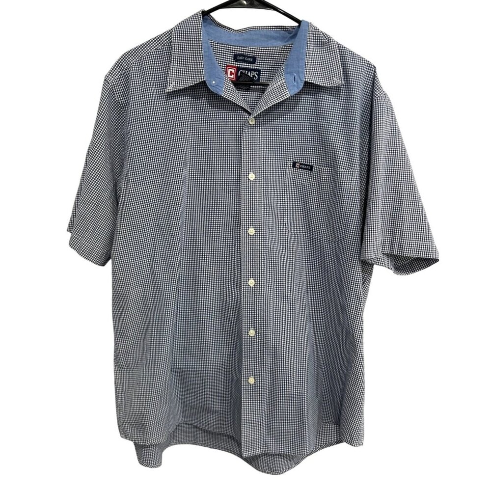 Chaps Mens Short Sleeve Button-Up Shirt Blue Gingham Check Sz XL